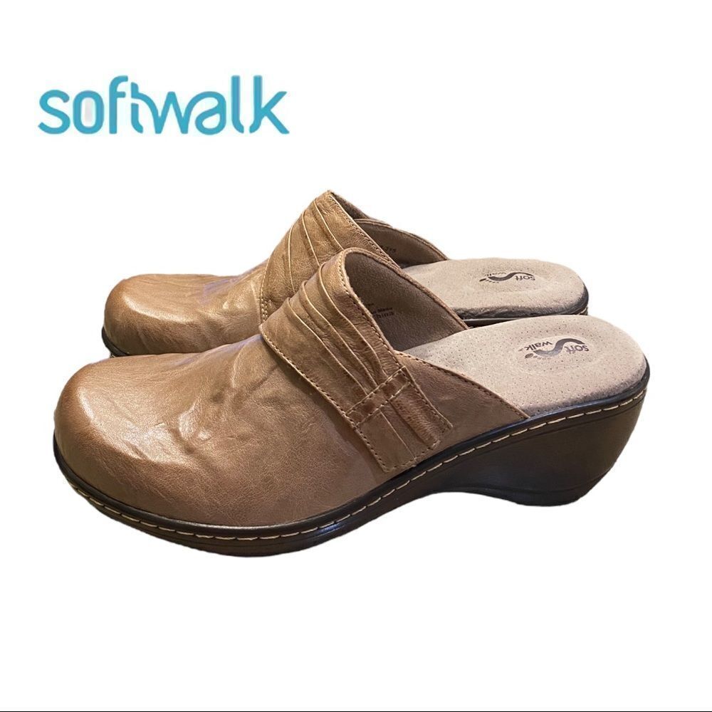 NEW SoftWalk "Mason" Women's Taupe Leather Slide Mules Clogs 8.5 8.5N